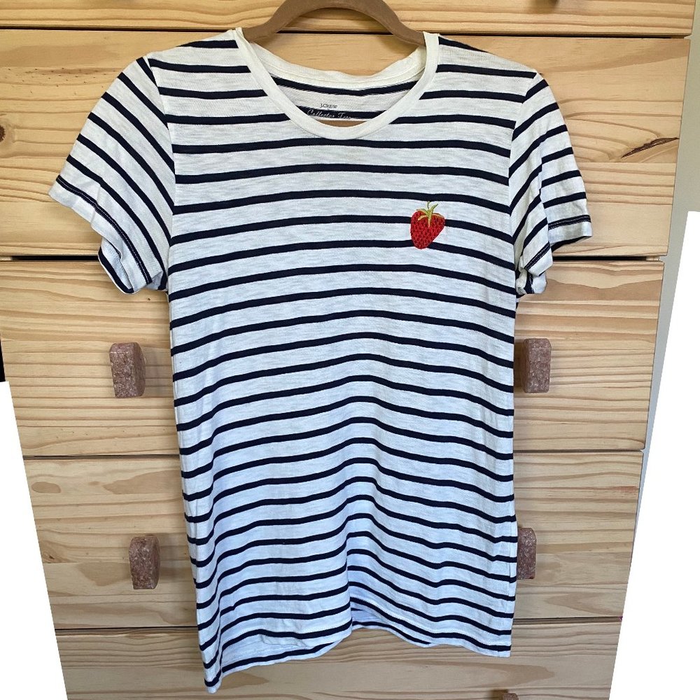 J Crew Cotton Striped Tee Embroidered Strawberry